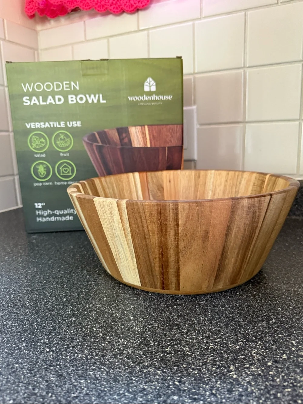 Striped Natural Wood Salad Bowl - Brown